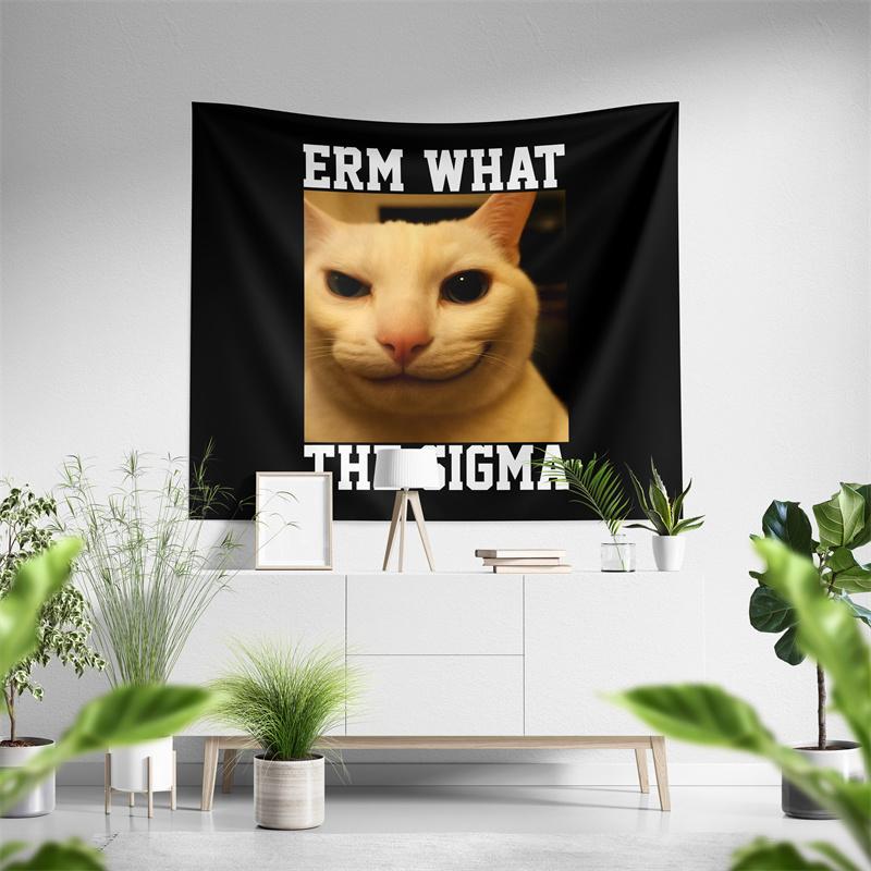 Aertemisi Erm What the Sigma Cat Funny Meme Tapestry Wall Hanging Art for Bedroom Living Room College Dorm Party Backdrop
