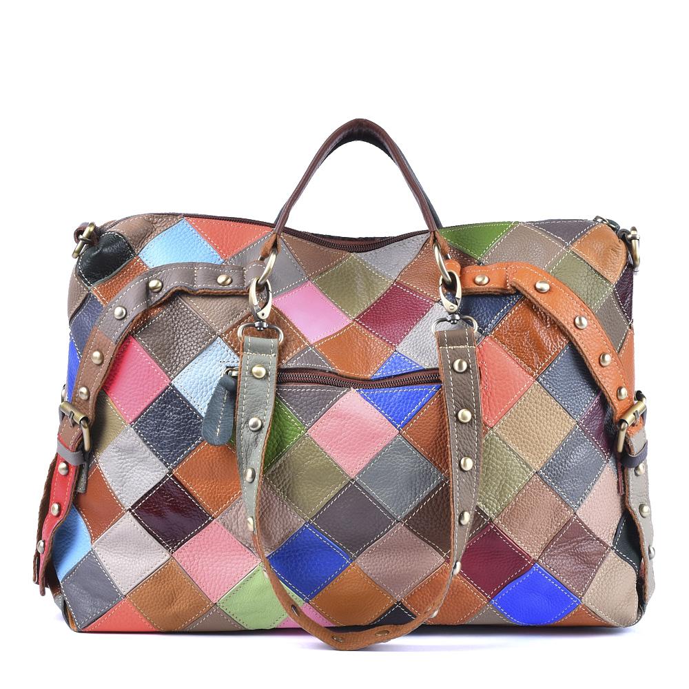 Genuine Leather Crossbody Bag for Ladies  Colorful Striped Pattern  Large Capacity  Unique Shoulder Contrast  Tote Bag