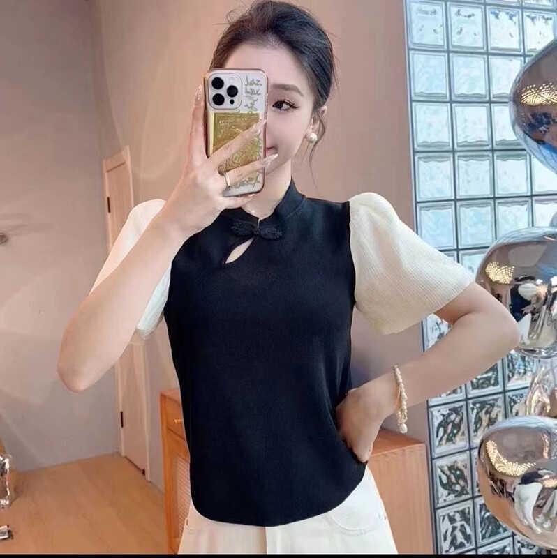 Summer 2025 Women's Puff Sleeve Chiffon Knit T-shirt with Frog Button