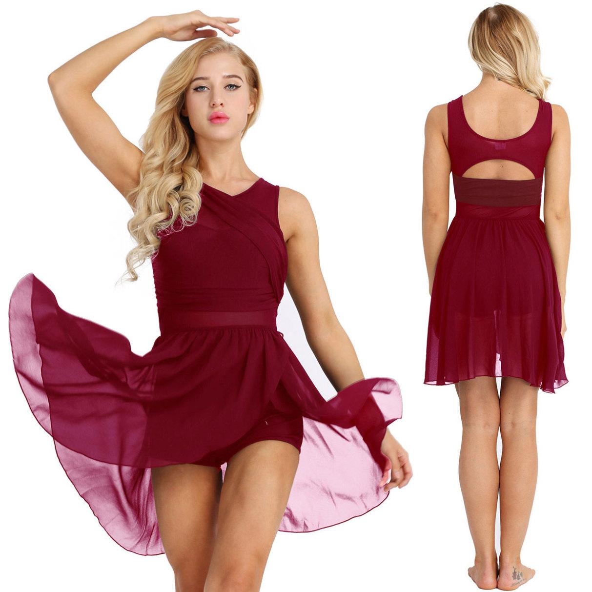 

Жіноча балетна пачка, гімнастичне трико, без рукавів, асиметричні ліричні танцювальні костюми, еластична танцювальна сукня S вина червоного кольору