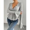 Women's Elegant Style T-Shirt Autumn Winter New V-Neck Ruffle Slim Fit Temperament Fleece Top