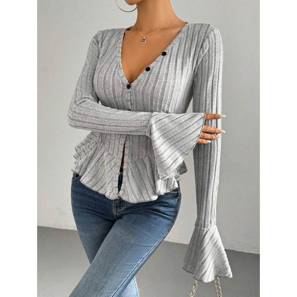 Women's Elegant Style T-Shirt Autumn Winter New V-Neck Ruffle Slim Fit Temperament Fleece Top