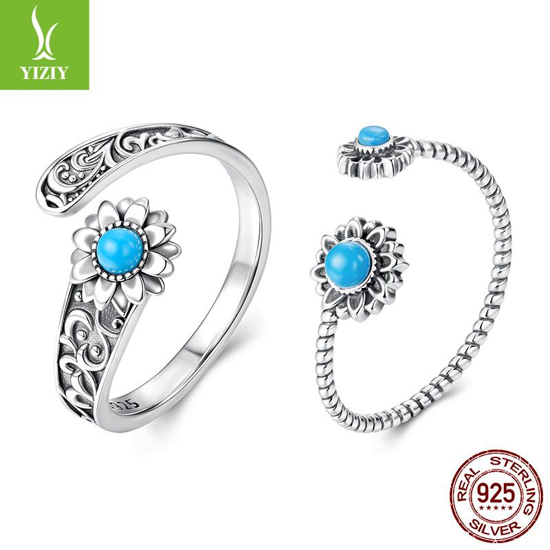 Vintage Sunflower Turquoise Open Ring, Couple'S Classical Engraved S925 Sterling Silver Ring