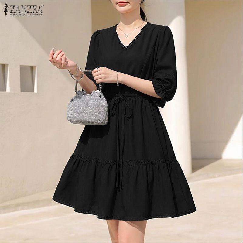 ZANZEA Women Casual V-Neck Loose Half Sleeve Dress