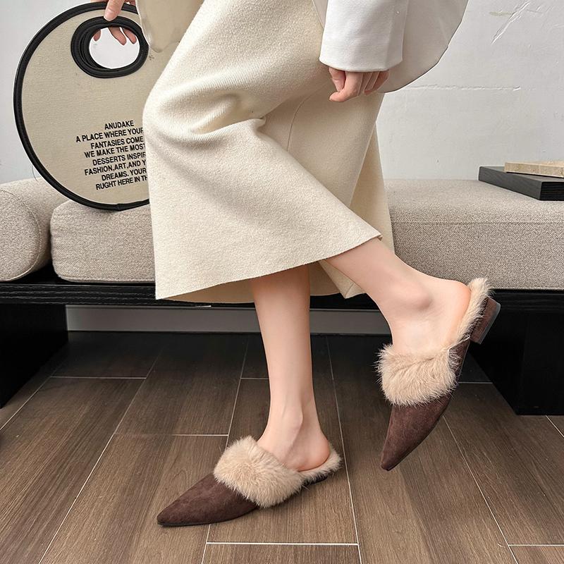 Women's Baotou Slippers Winter New Pointed Head Deep Mouth Suede Anti-slip Wear-resistant Flat Shoes