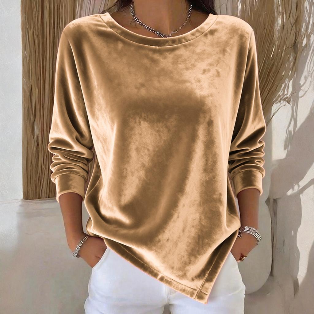 Damen Casual Rundhals Samt Farb Langarm Oberteil