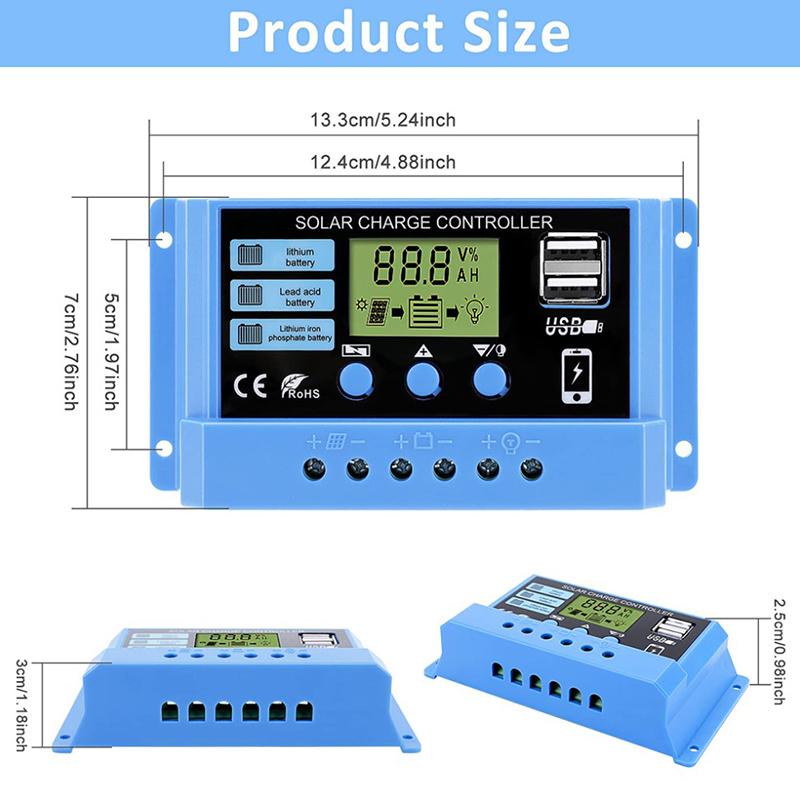 30A 20A 10A Solar Charge Controller 12V 24V Auto Solar Panel Pv Lcd Controller For Lead-Acid Battery, Lithium Battery Dual Usb