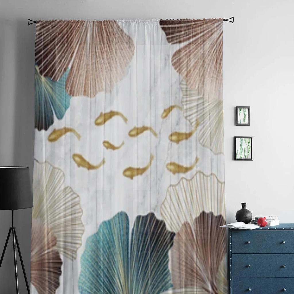 Ginkgo And Goldfish Marble Texture Sheer Curtains For Living Room Window Transparent Voile Tulle Curtain Bedroom Drapes
