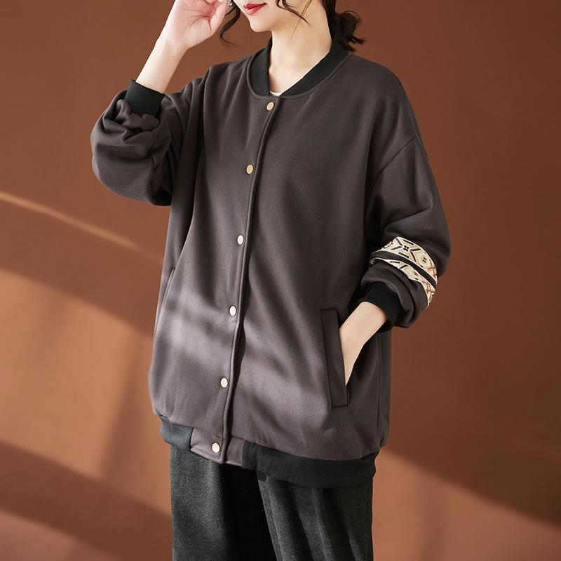 Real Shot 2026 Plus Size Women s Retro Cotton Velvet Thick Jacket with Artistic Sleeve Design Plus Size серый