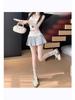 Gray Lace Knit A-line Pleated High Waist Mini Skirt with Belt for Spring/Summer