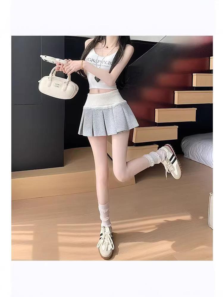 Gray Lace Knit A-line Pleated High Waist Mini Skirt with Belt for Spring/Summer