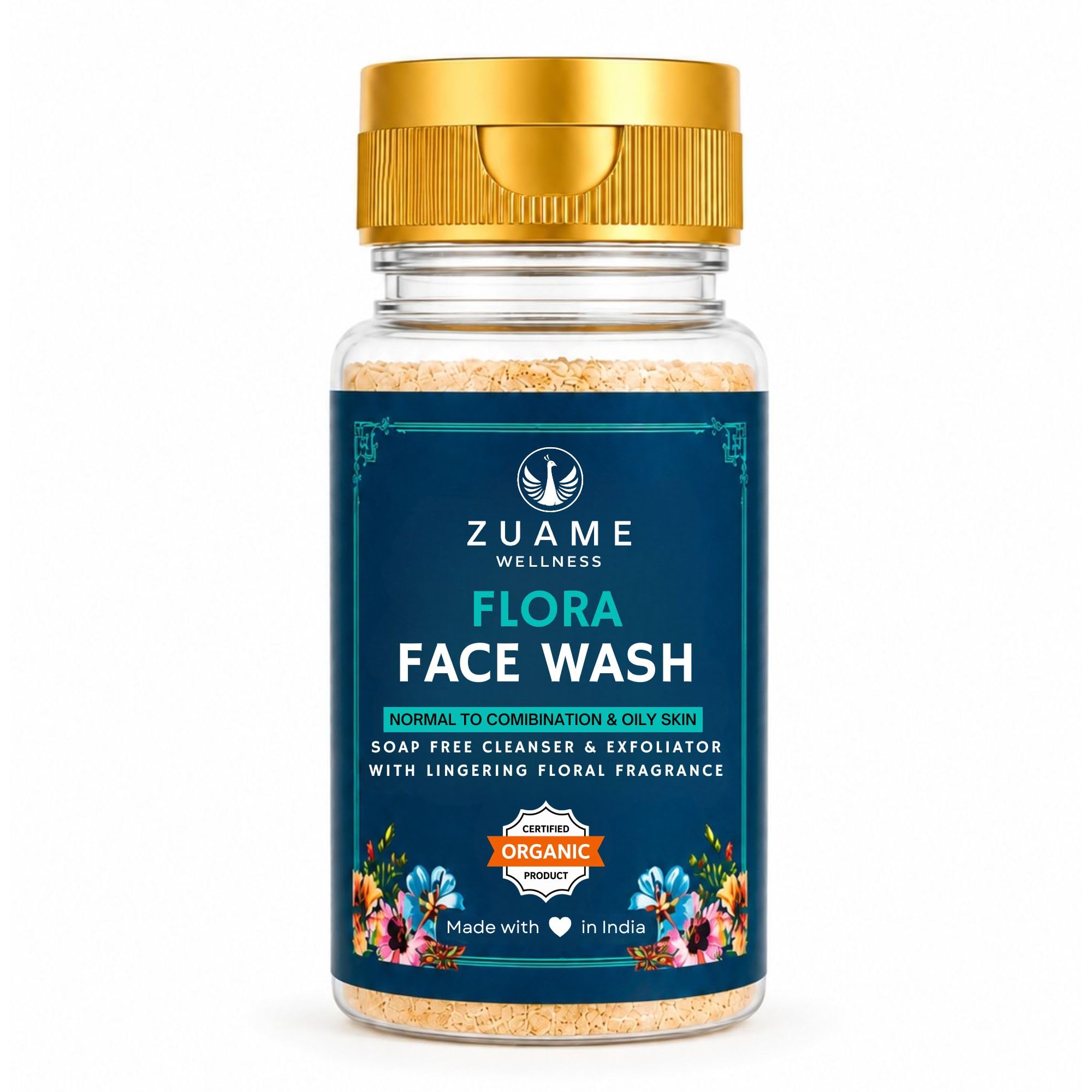 ZUAME Flora Face Wash | Soap Free Powder Cleanser & Exfoliator with Floral Fragrance | For Normal, Combination & Oily Skin | Certified Organic, 100