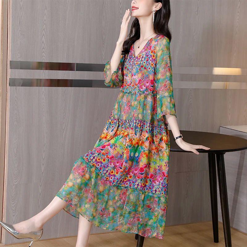 

Loose Print V-neck Dress Long Skirt Loose Floral Print V-neck 3/4 Sleeves Dress Female As Picture 4XL