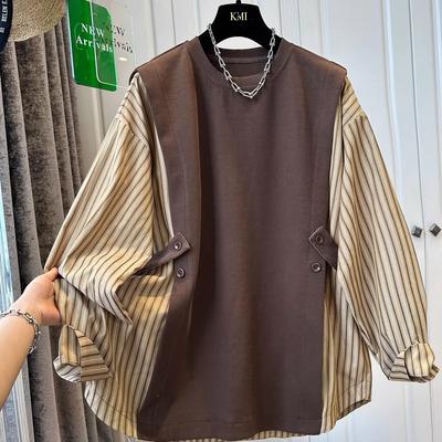 Autunno Senso del Design Nicchia Felpa con Cappuccio a Righe a Contrasto con Cuciture da Donna Taglia Plus alla Moda Top