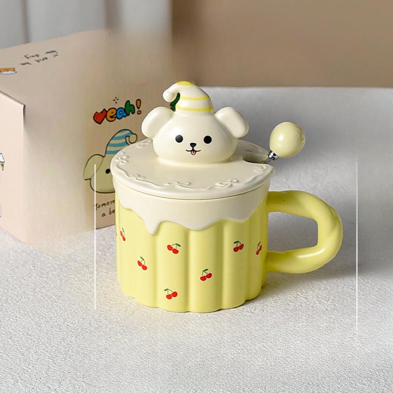 Cremiger Welpe Besonders Schöne Frühstückstasse mit Deckel Löffel Große Kapazität Tasse Niedliche Kindertasse Keramik