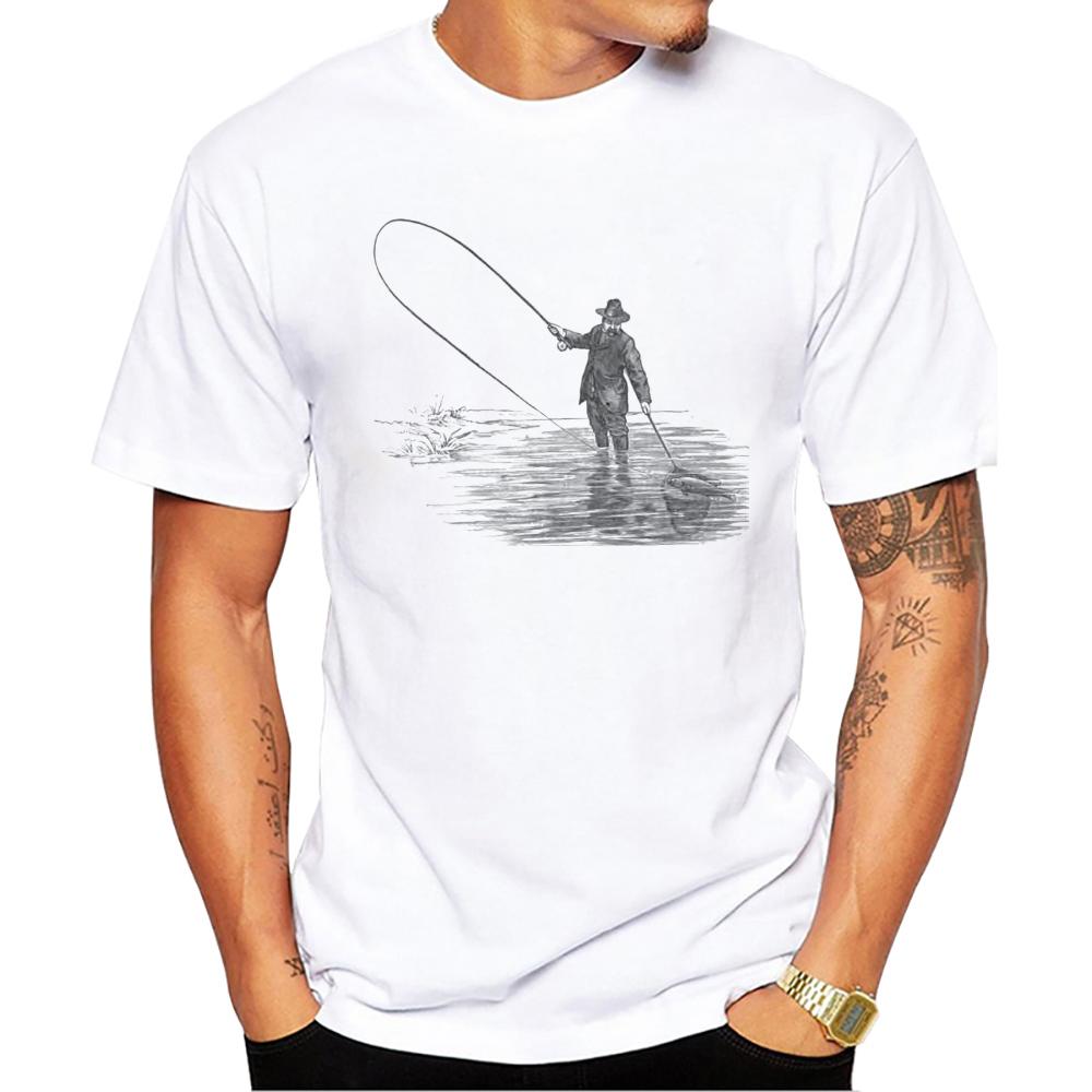 TEEHUB Vintage Fly Fishing Men T-Shirt Retro Geometric Fishing Printed T Shirts Short Sleeve T