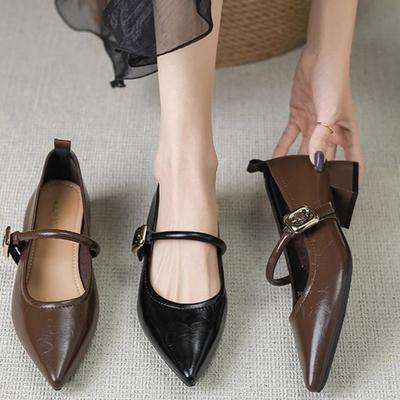 French Evening Wind Single Shoes Medium Heel Soft Leather Soft Sole Black Brown with Skirt Thick Heel Pointed Head Small Fragrant Mary Jane Shoes