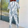 Women Plus Size Round Neck Long Sleeve Blue White Printed Fitted Two Piece Pants Set