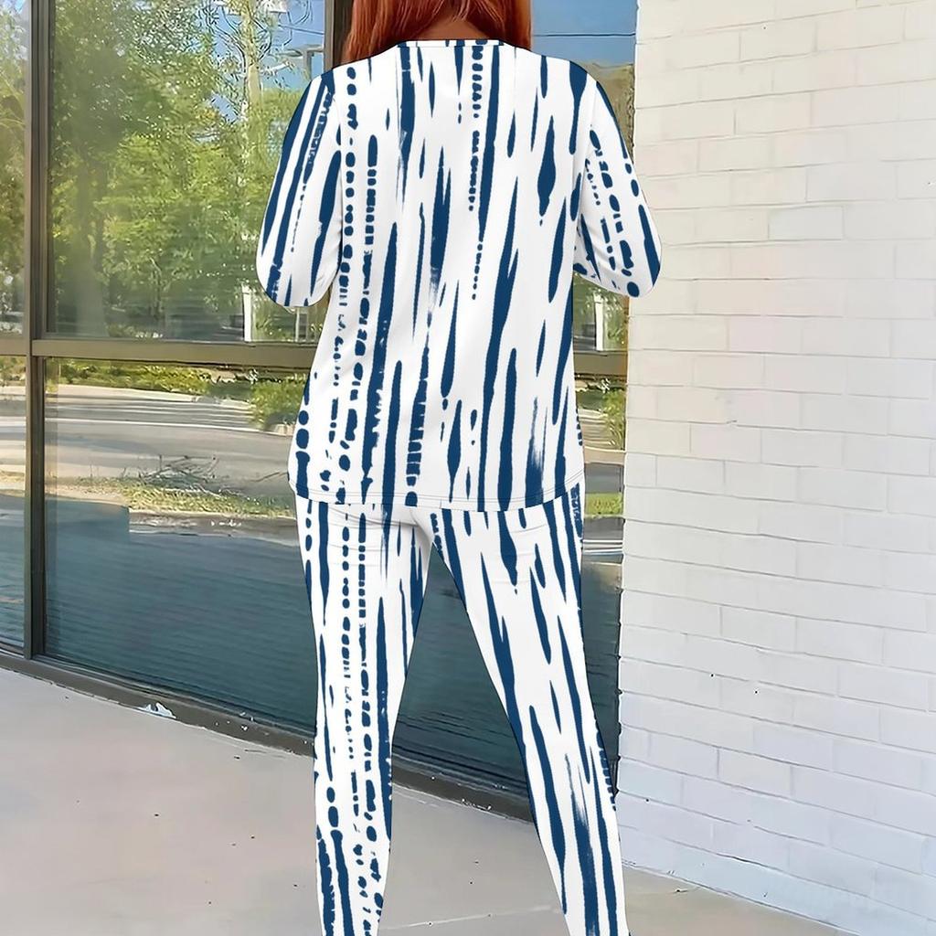 Women Plus Size Round Neck Long Sleeve Blue White Printed Fitted Two Piece Pants Set