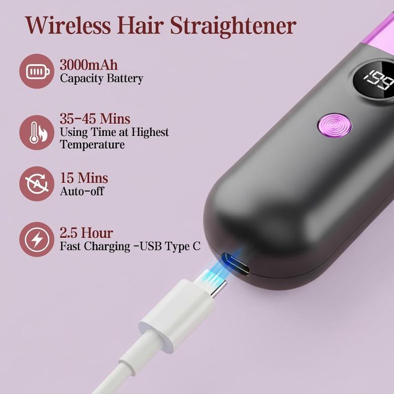Wireless 2-in-1 Straightening Curling Comb Anti-Scald LED Display USB Rechargeable Portable for Home Travel All Hair Types