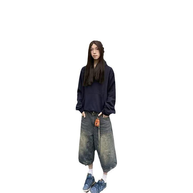 American Retro Washed High Street Denim Shorts Men's and Women's Straight Wide-leg Old Loose Casual Versatile Cropped Pants