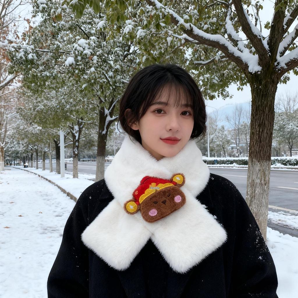Women's Korean Style Faux Rabbit Fur Scarf - Thick, Warm, Plush Neck Warmer for Autumn/Winter 2024 - Versatile Student Accessory