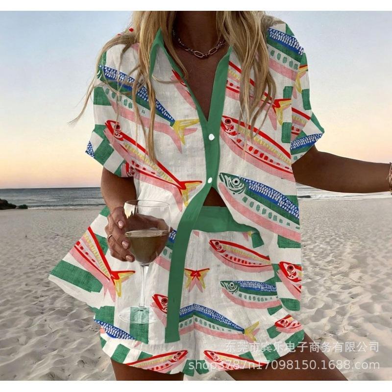 Conjunto de pantalones cortos de playa y camisa de manga corta para mujer, multicolor, vida marina, ocio, vacaciones, conjunto de dos piezas