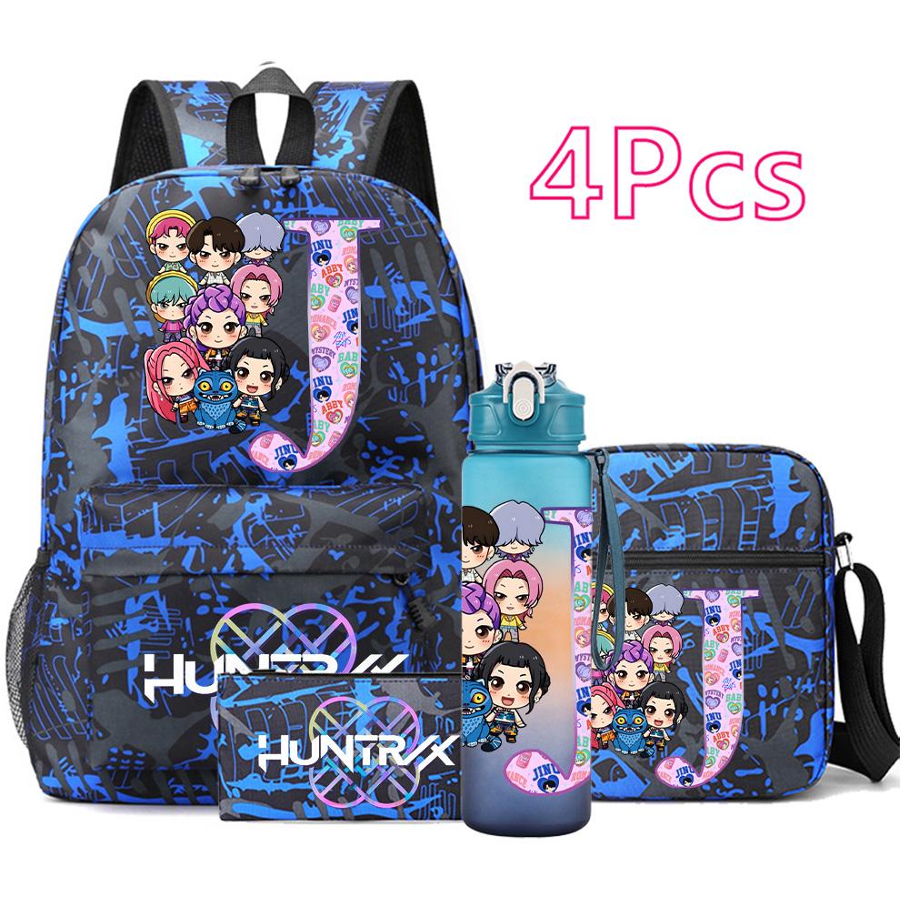 4Pcs/set 26 English Letter Printed Backpack Large Capacity Bookbag Shoulder Bag Case Bag with 750ml Water Bottler Boy Girl Waterproof SchoolBag Gift