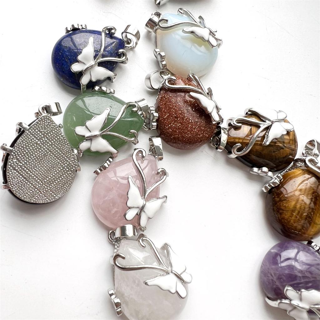 Natural Crystals Pendant Healing Stone Copper butterfly Inlay Amethyst Rose Quartz Pendants