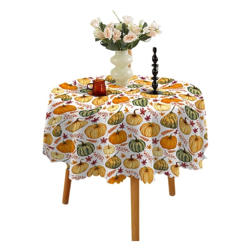 Table Cloth Autumn Leaves and Pumpkin Patterns Round Tablecloth 150cm for Thanksgiving Party Decoration