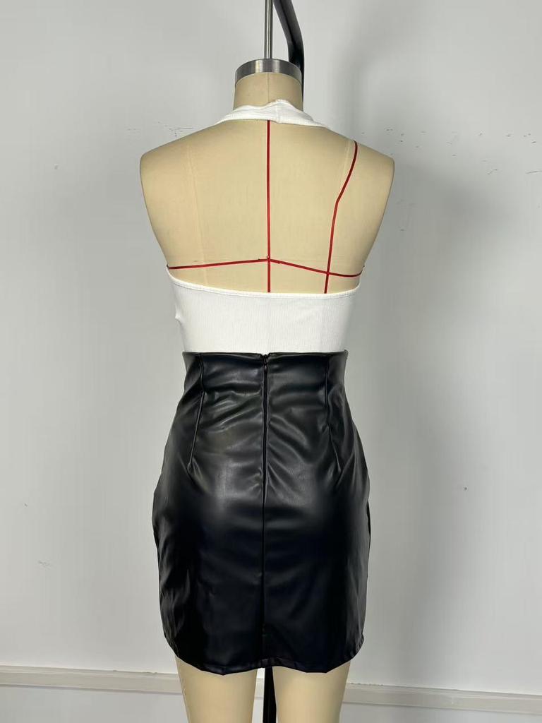 Women's PU Leather High-Waisted Ruched Mini Skirt with Irregular Slit