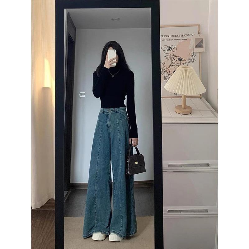 Spring Retro Straight Jeans Women's Plus Size Pear-shaped Figure Loose High Waist Wide-leg Mopping Pants