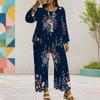 Women Plus Size Round Neck Long Sleeve Floral Printed Layered Top Wide Leg Cropped Pants Two Piece Set