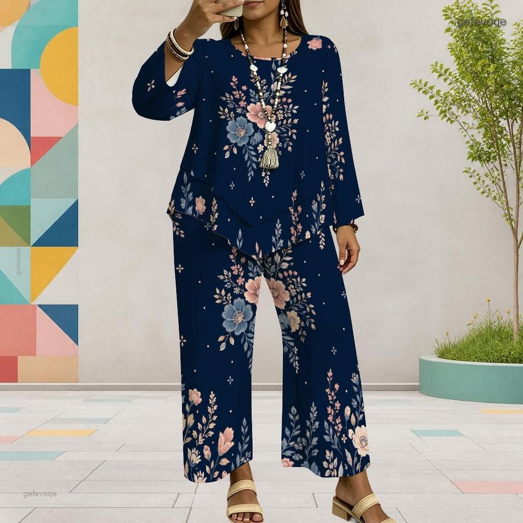 Women Plus Size Round Neck Long Sleeve Floral Printed Layered Top Wide Leg Cropped Pants Two Piece Set