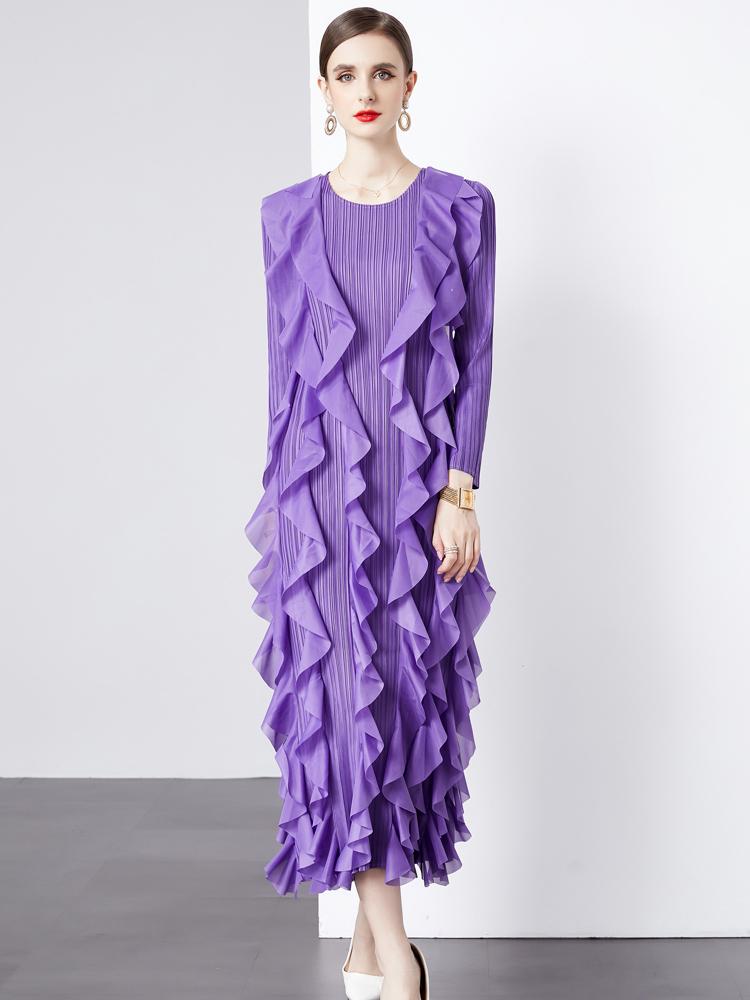 Xitao Volány Patchworkové Šaty Dlouhý Rukáv Plisované Temperament Elegantní Volné Dámské DMJ3992