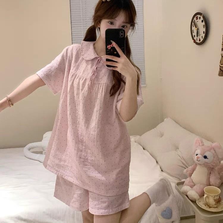Japanese doll collar polka dot pink girl pajamas summer short-sleeved shorts set can be worn outside loungewear two-piece set