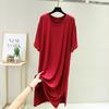 Women's Crew Neck Half Sleeve Midi Dress Loose Fit High Waist Modal Side Split Big Swing Solid Casual Summer Plus Size Long Dress