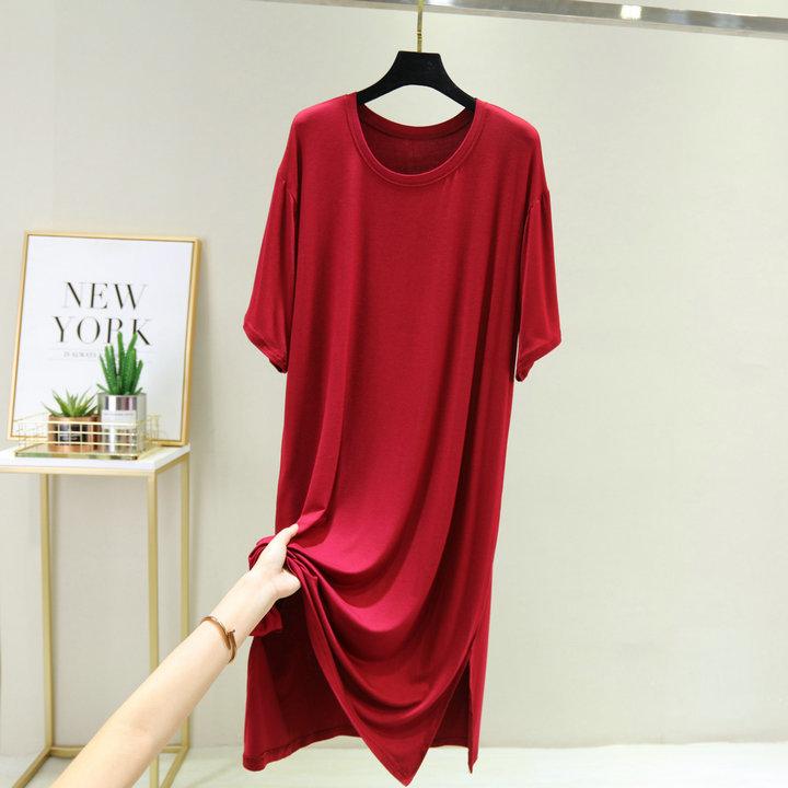 Women's Crew Neck Half Sleeve Midi Dress Loose Fit High Waist Modal Side Split Big Swing Solid Casual Summer Plus Size Long Dress