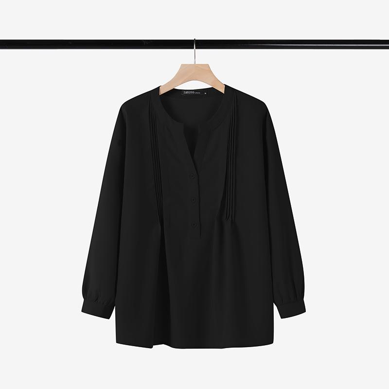 

ZANZEA Женская повседневная однотонная свободная блузка с V-образным вырезом и длинным рукавом S чёрный