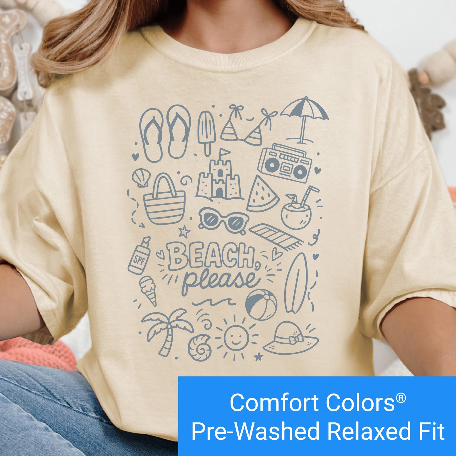 Beach Please Shirt, Comfort Colors Beach Graphic Tee, Cute Summer Doodle Art T Shirt, Beach Lover Gift Tshirt, Summer Fun Ocean Lovers Shirt M