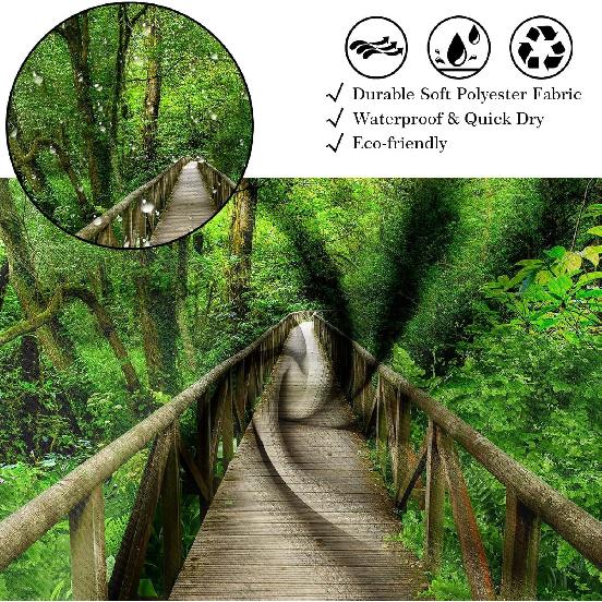Nature Forest Wooden Bridge Shower Curtain 3D Rain Forest Scenic Landscape Shower Curta for Bathroom Decor, Waterproof Cloth Fabric with Hooks 70 X