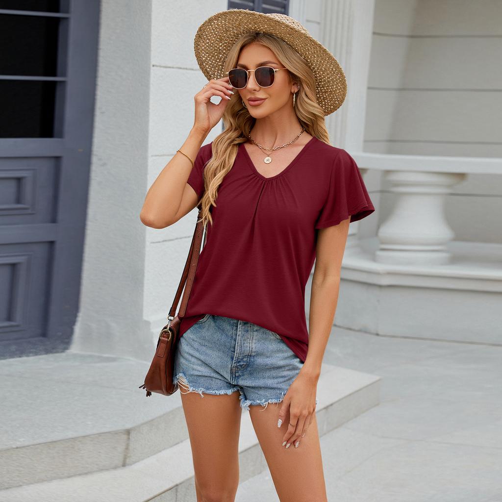 Spring and Summer Pure Color V-neck Loose Short-sleeved Women's T-shirts