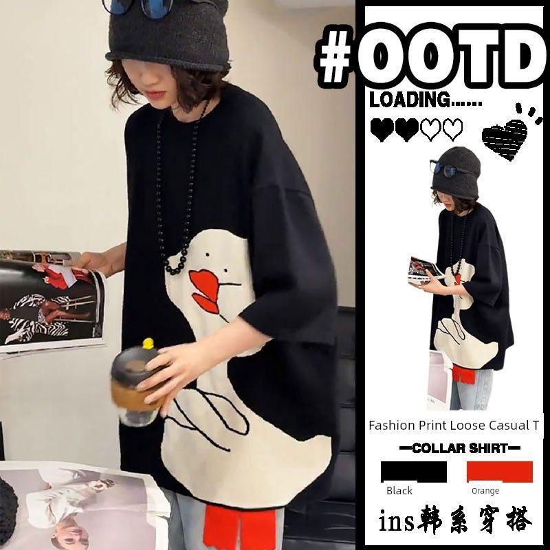 

European Goods Plus Size round Neck Short Sleeve T-Shirt Women s Summer 2025 New Arrival Mid Length Long Length Print T-shirt Loose Half-Sleeve Top Black T-Shirt S(80-95)