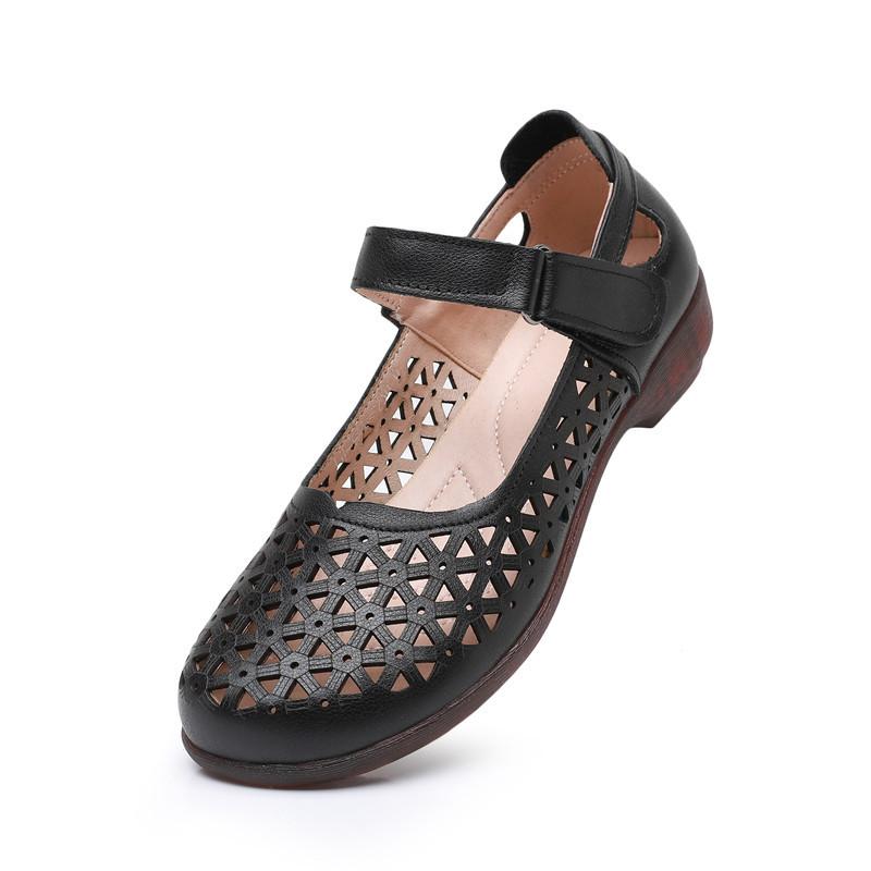 Fashion GKTINOO Genuine Leather Ladies Flats Summer Shoes Woman Plus Size Casual Loafers Hollow Round Toe Soft Comfort Sandals Female