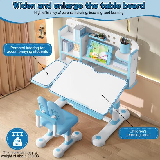 Scrivania e Sedia per Bambini Set, Set per Bambini Regolabile in Altezza con Libreria Cassetto Portaoggetti, Tavolo con Piano Inclinabile a 50 Gradi per Camera da Letto Bambini