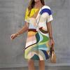 Abstract Print Dress Summer Fashion Pullover Short Sleeve Loose A-Line Dress Casual O-Neck Ladies Short Dress