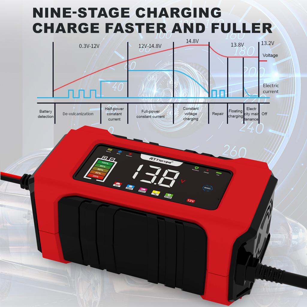 12V Fully Automatic Car Battery Charger Pulse Repair LCD Battery Charger for Auto Motorcycle Lead Acid Battery Smart Charging