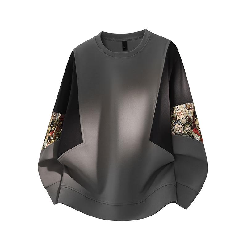 ACU Menswear Fleece-Lined Men's Sweatshirt - Autumn/Winter 2026, Bear Sleeve Patchwork, Jacquard, Round Neck, Color Block Design