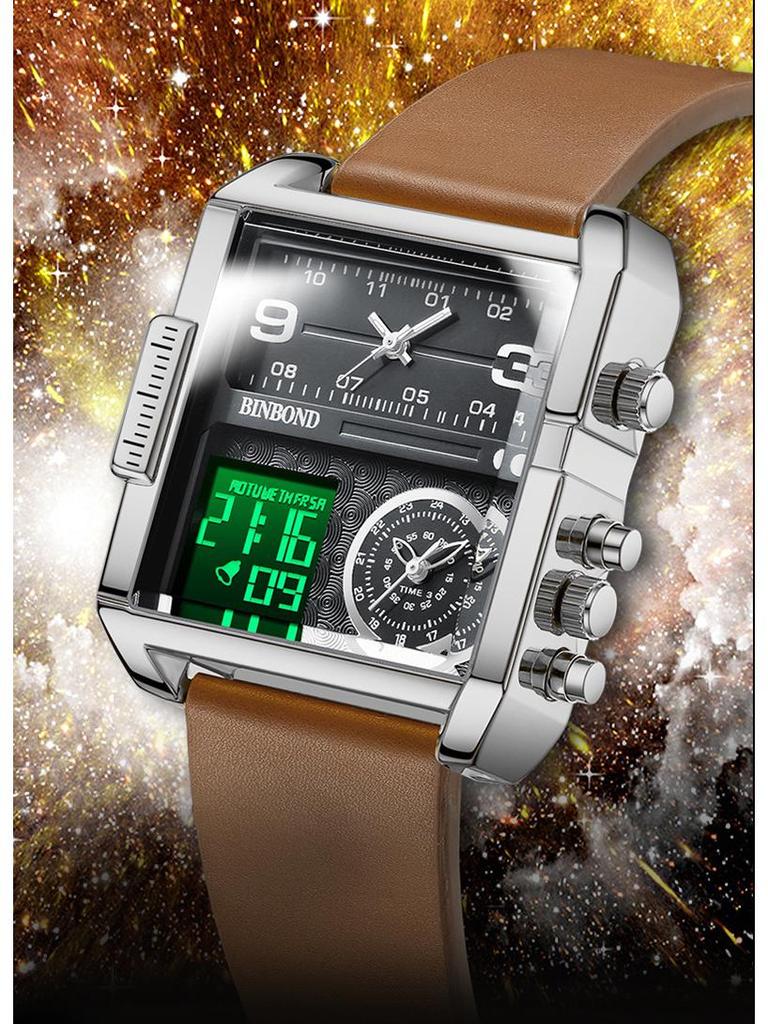 Binbang Fashion Men's Domineering Quartz Watch with Large Square Dial and Triple Display