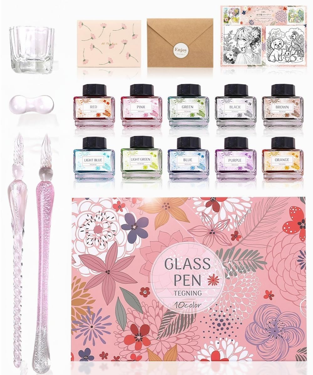 

Glass Pen and Ink Set Set with 2 Letter and Protective Case Artist-Supervised [Japanese Brand] 10-Color Pens, Case, (Pink Package)